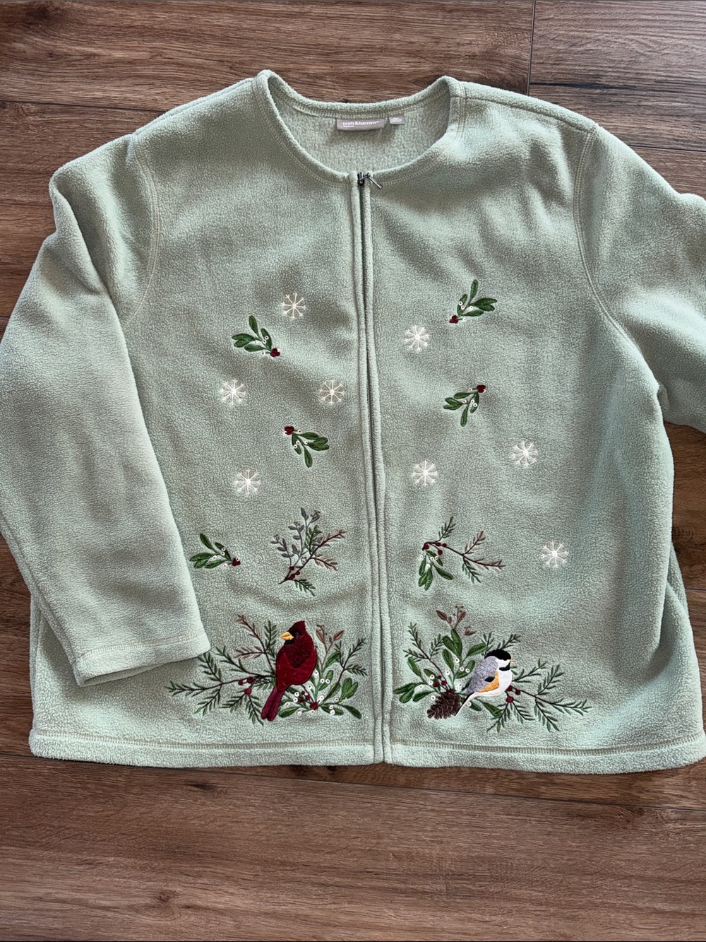 Women's Fleece Light Green Embroidered Zip-Front Sweater with Birds Winter 🎄